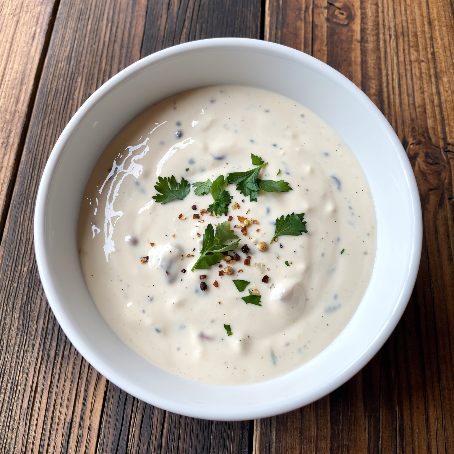 Creamy cashew Alfredo sauce in a white bowl with parsley