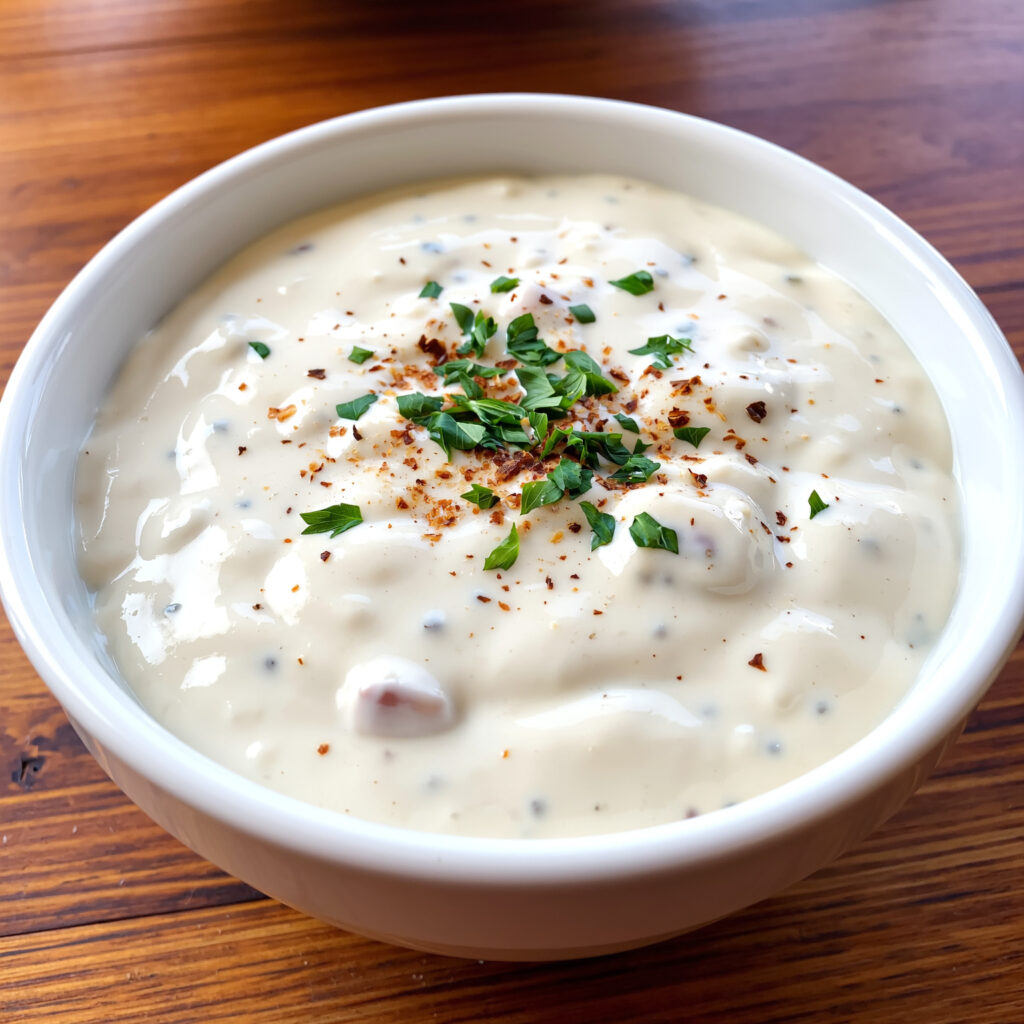 Creamy cashew Alfredo sauce in a white bowl with parsley