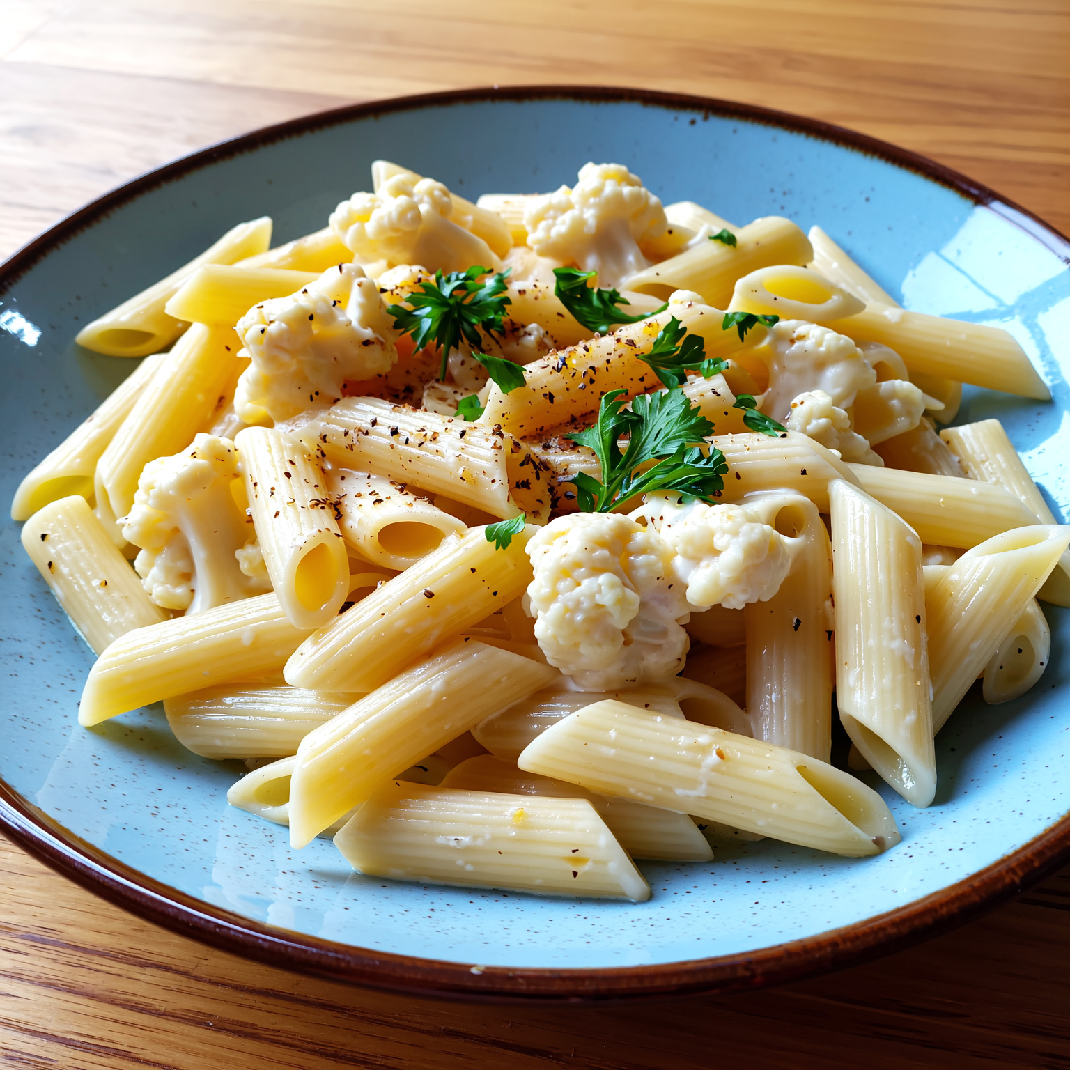 Penne pasta with creamy cauliflower Alfredo sauce
