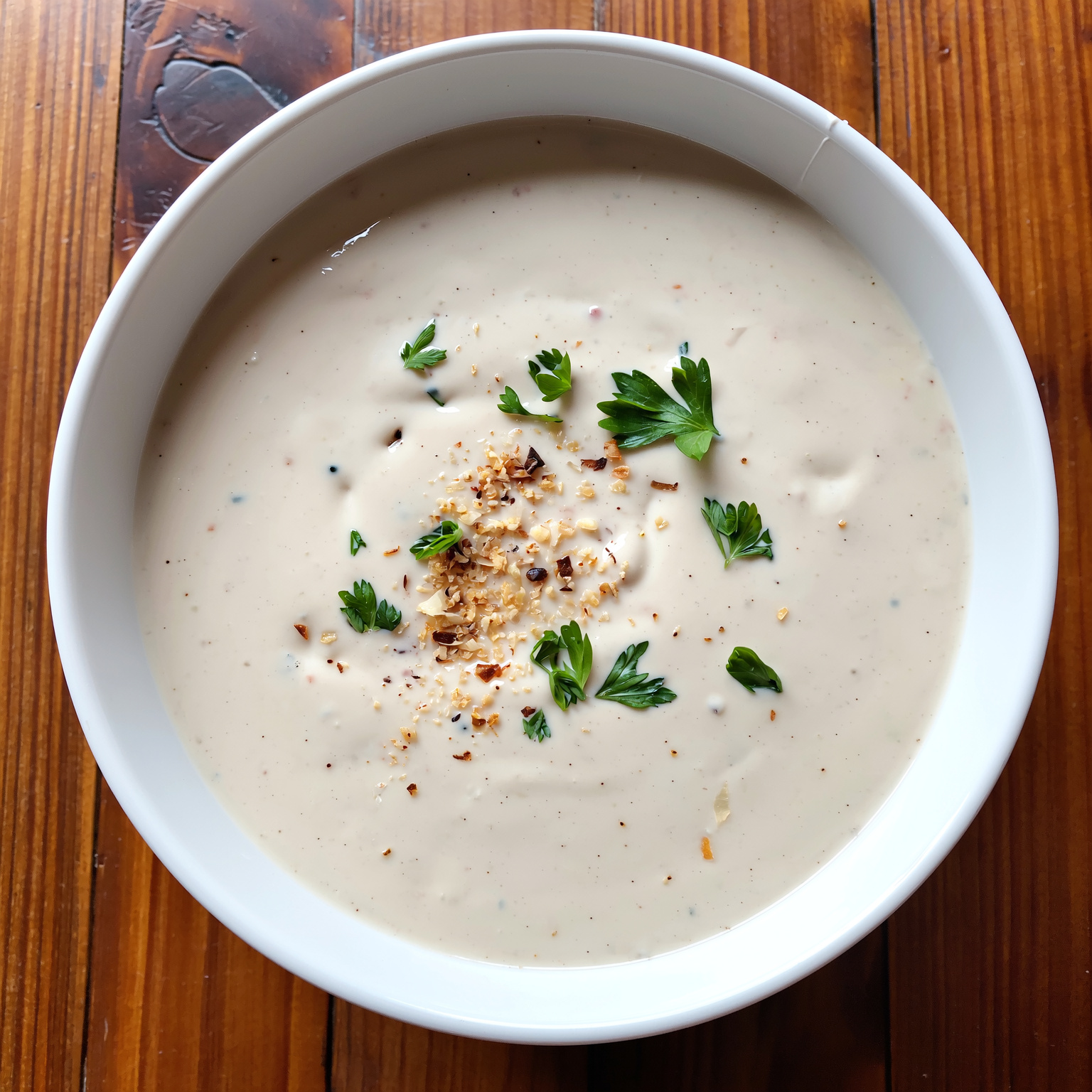 Creamy tofu Alfredo sauce in a white bowl with parsley