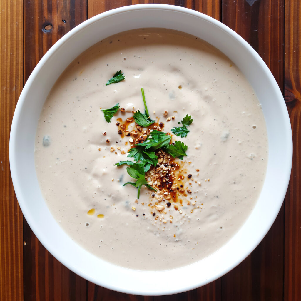 Creamy tofu Alfredo sauce in a white bowl with parsley