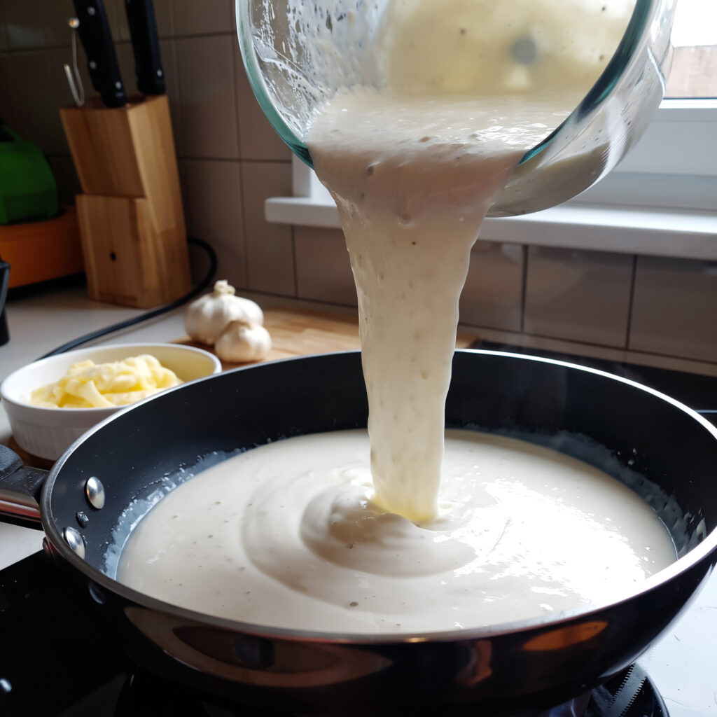 Pouring blended vegan Alfredo sauce into a warm pan