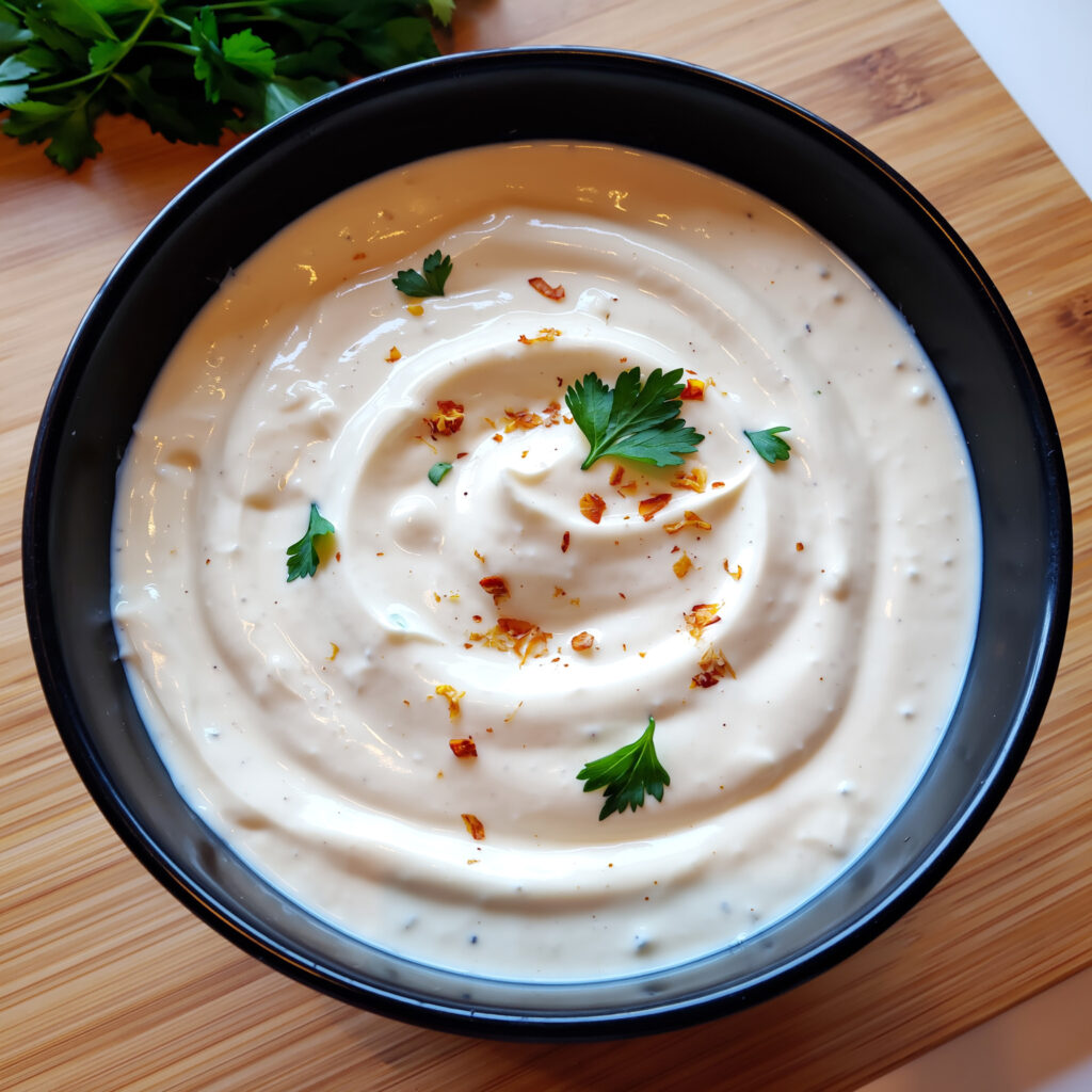 Creamy vegan Alfredo sauce in a bowl with parsley and pepper