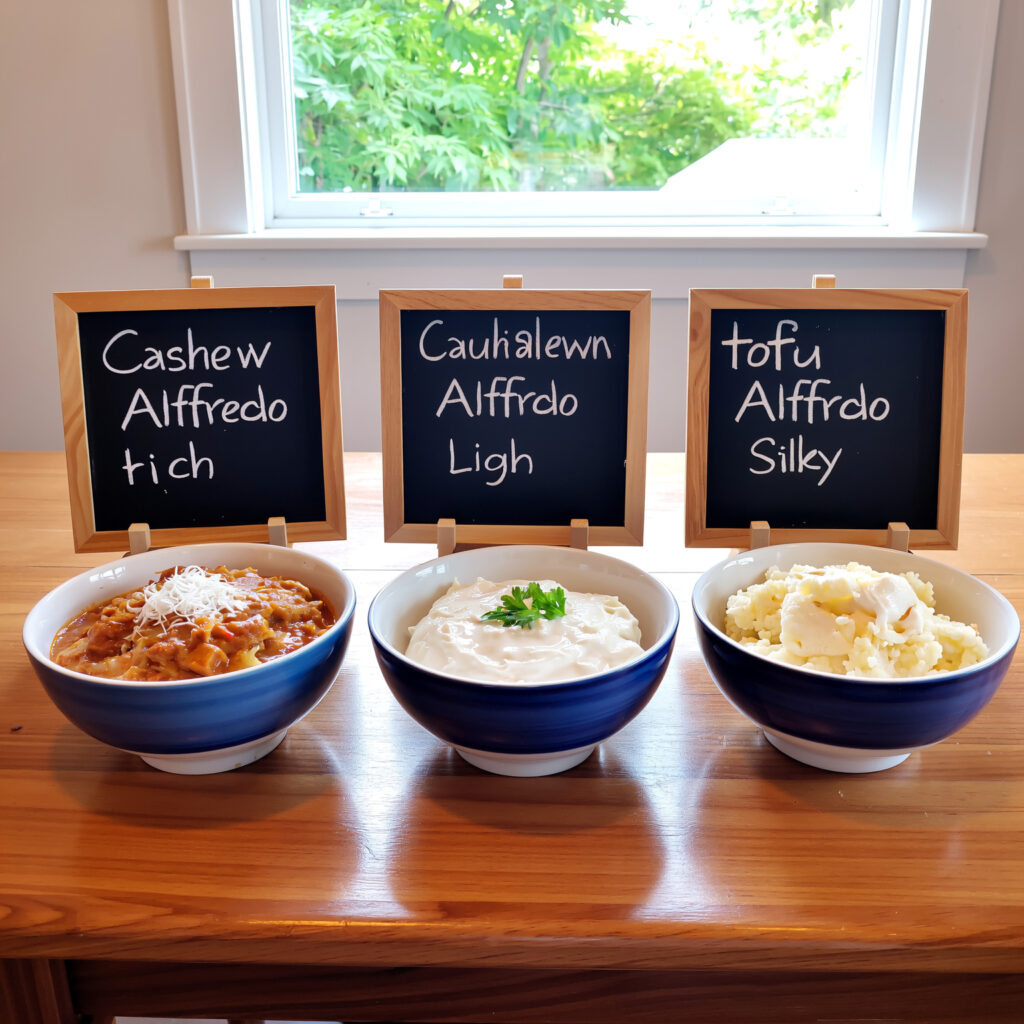 Cashew, cauliflower, and tofu Alfredo variations side by side