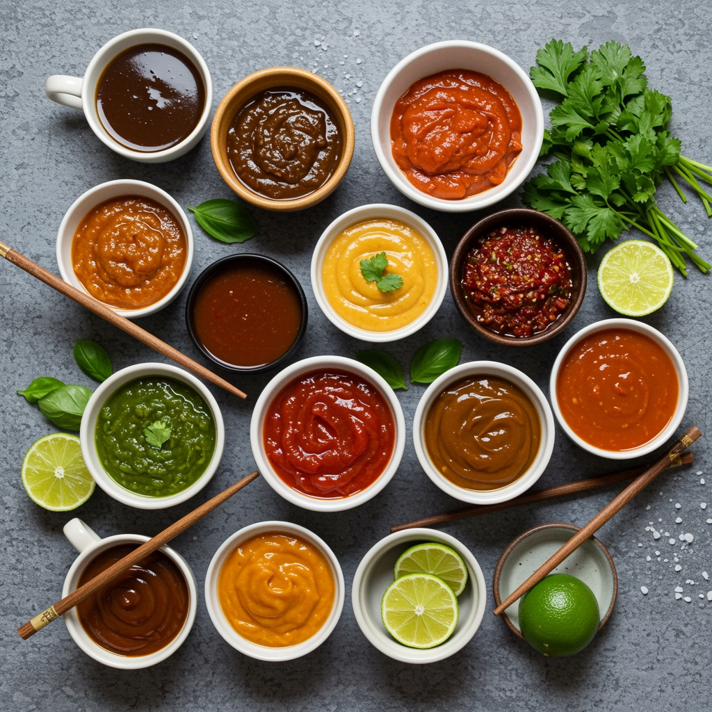 Assorted Asian vegan sauces in ceramic bowls