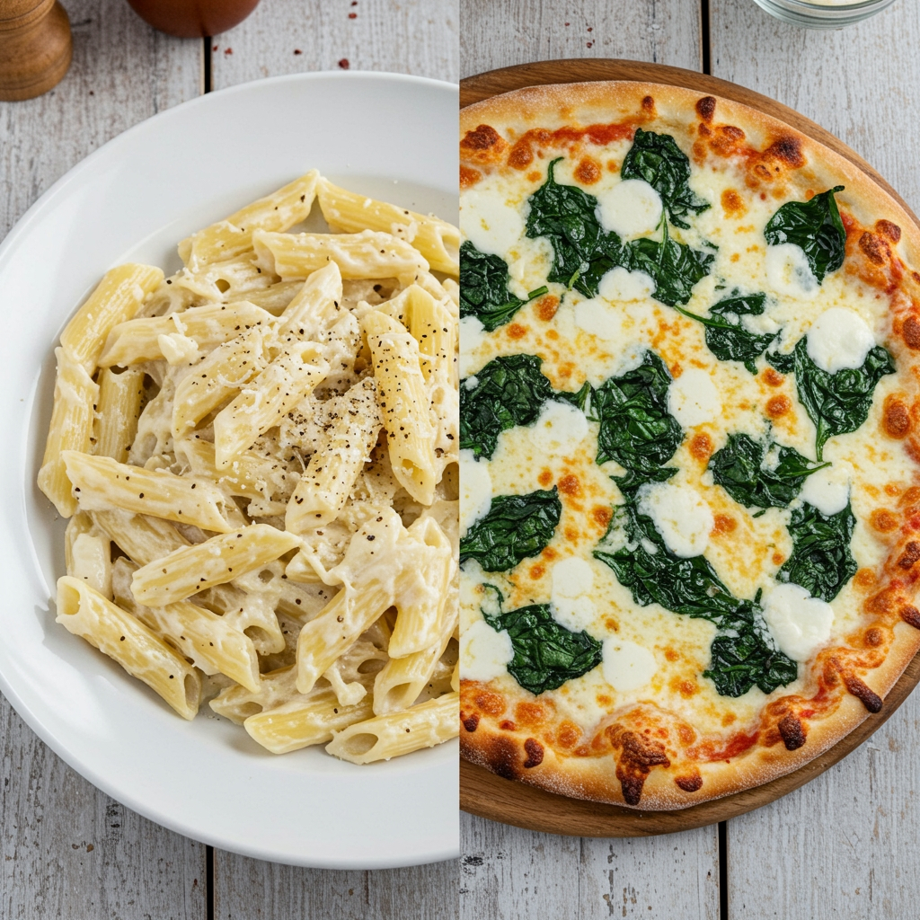Pasta and pizza with creamy vegan Alfredo sauce