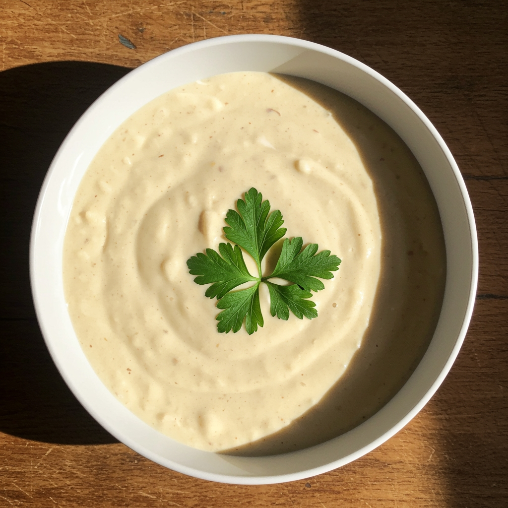 Kid-friendly vegan Alfredo sauce in a white bowl