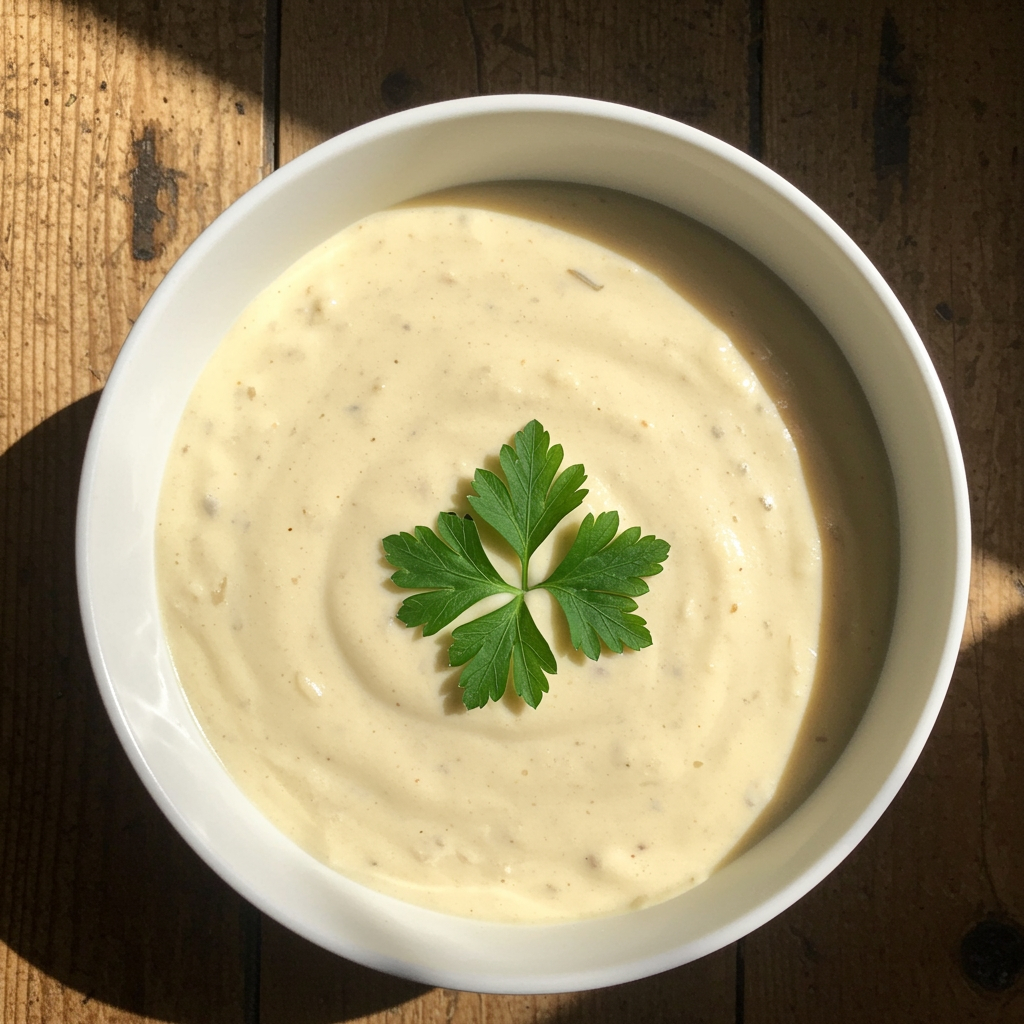 Kid-friendly vegan Alfredo sauce in a white bowl