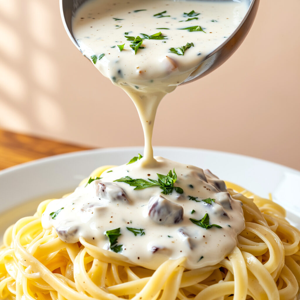 creamy oil-free vegan Alfredo sauce on pasta