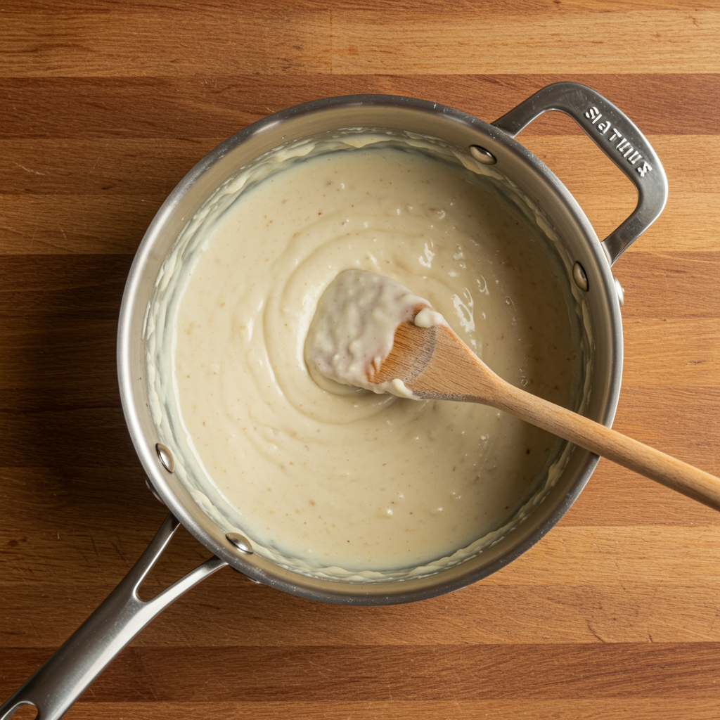 Quick 10-minute vegan Alfredo sauce in saucepan