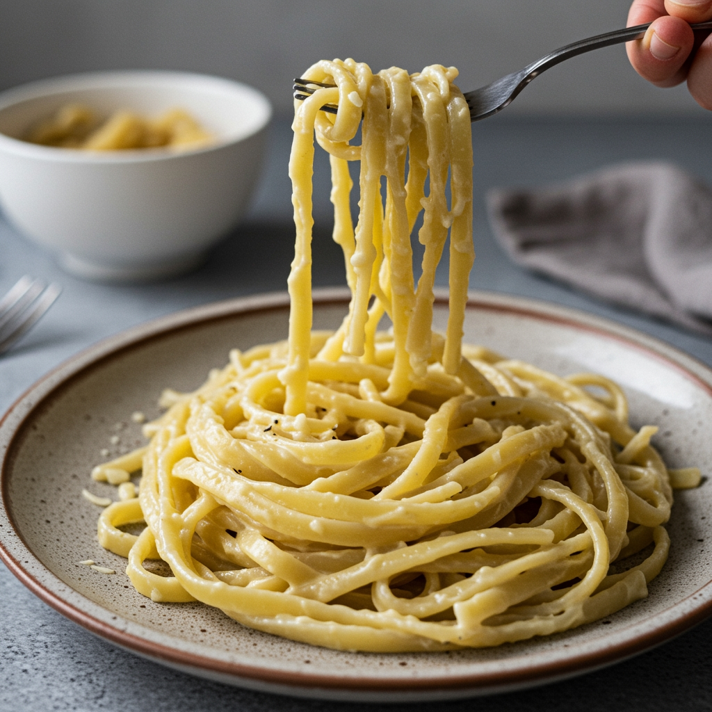 Fettuccine pasta with quick 10-minute vegan Alfredo sauce