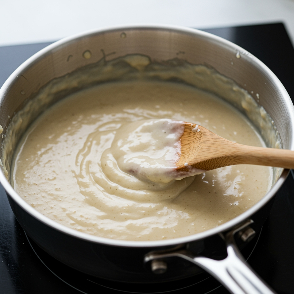 Reheating stored vegan Alfredo sauce in saucepan