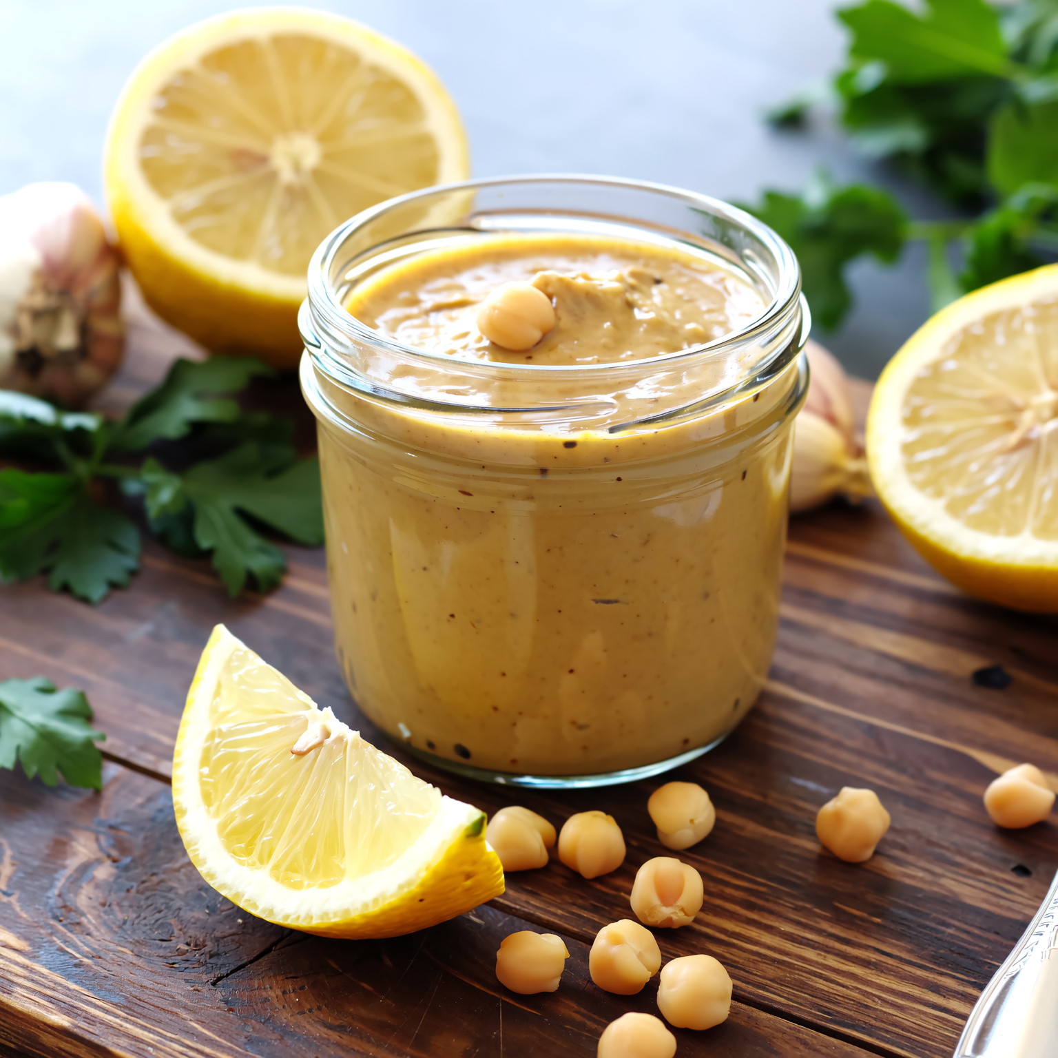Creamy oil-free tahini-free hummus dressing in a jar with lemon and chickpeas.