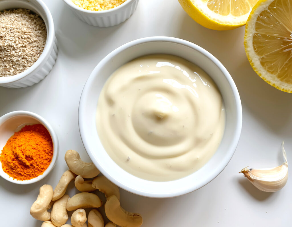 Oil-free vegan cheese sauce made with cashews and nutritional yeast in a bowl.