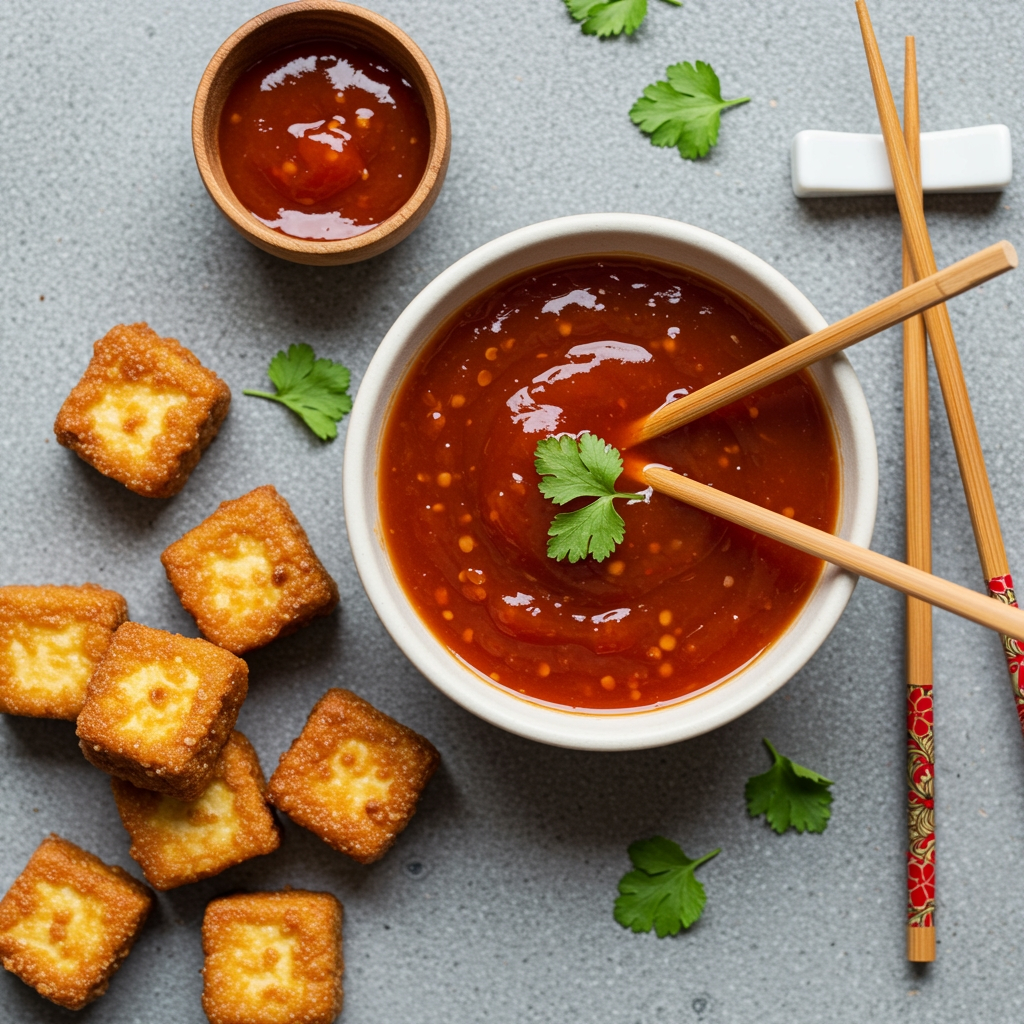 Vegan sweet and sour sauce in bowl with tofu