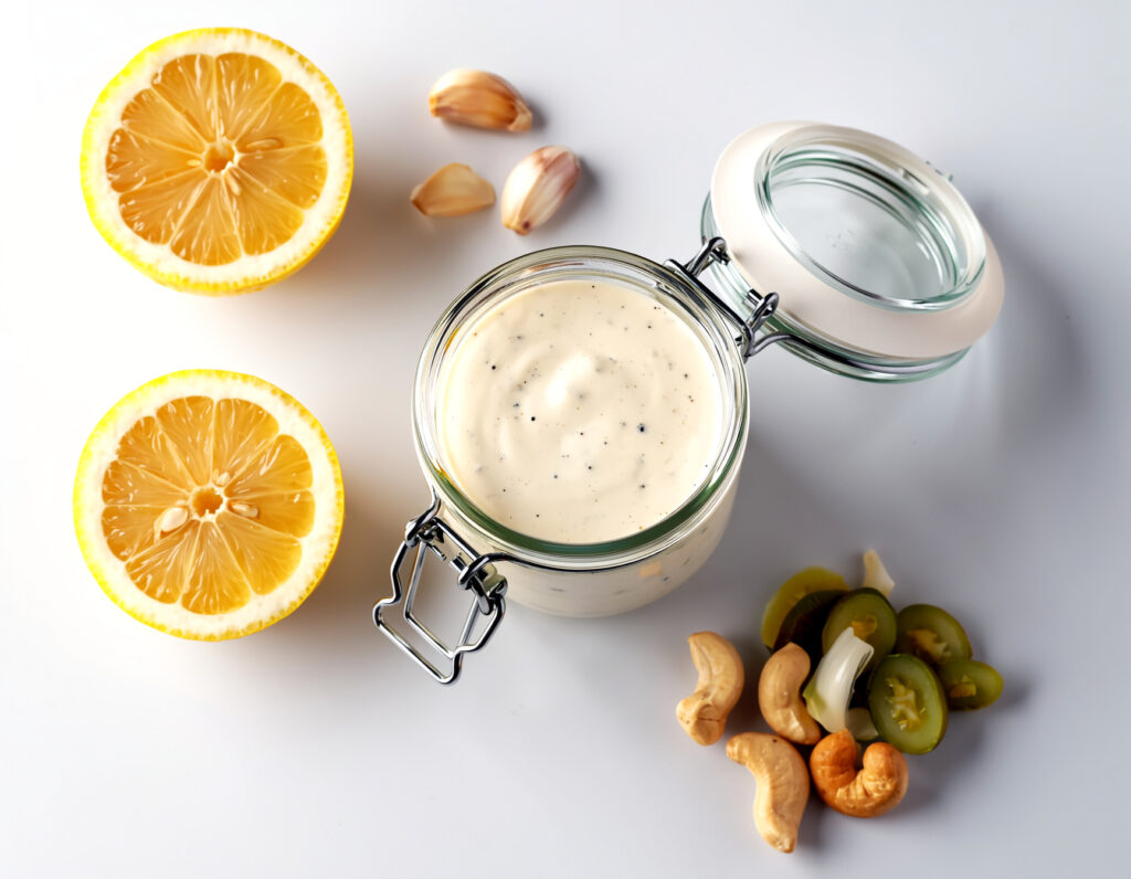 Creamy oil-free Caesar dressing in a jar surrounded by fresh vegan ingredients.