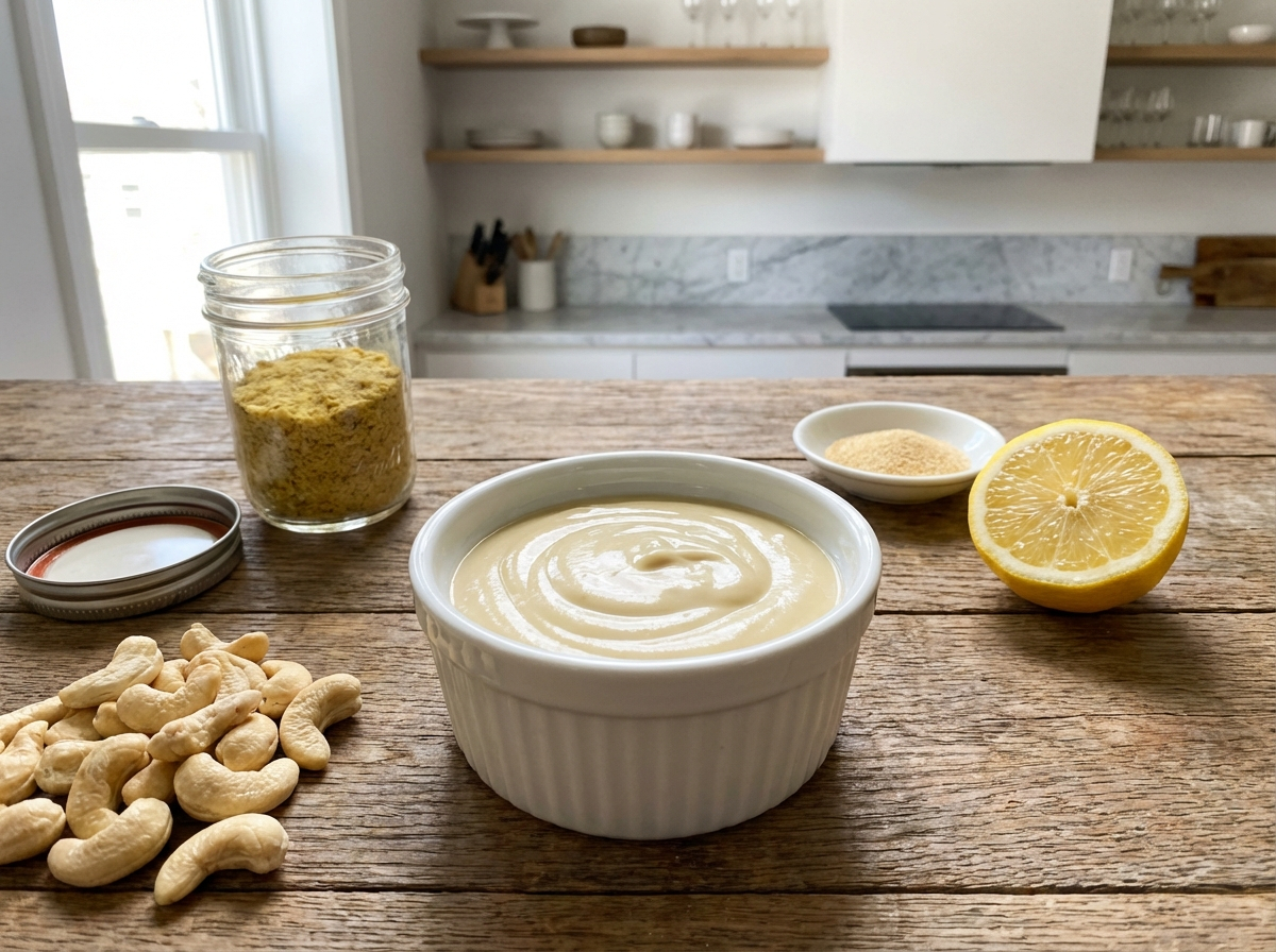 Oil-free vegan cheese sauce made with cashews and nutritional yeast in a bowl.