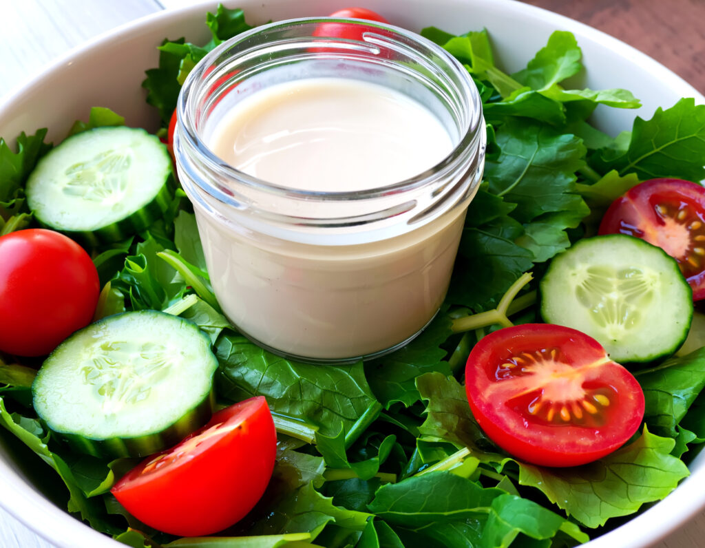 Creamy oil-free lemon tahini dressing in a jar with salad