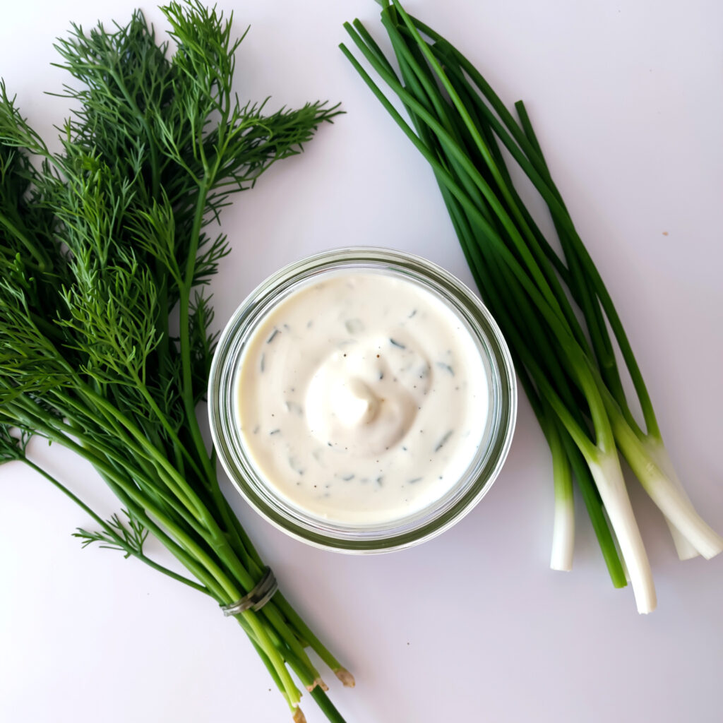 Oil-free vegan ranch dressing in a glass jar with fresh herbs