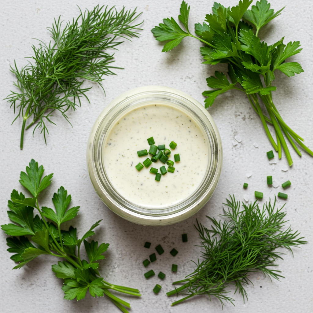 Drizzling oil-free ranch dressing over a fresh salad