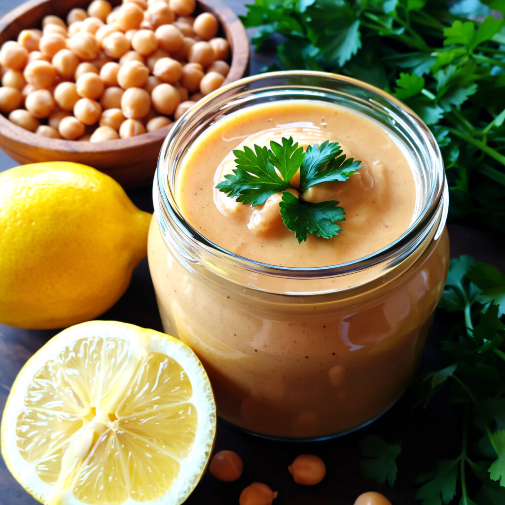 Creamy oil-free tahini-free hummus dressing in a jar with lemon and chickpeas.