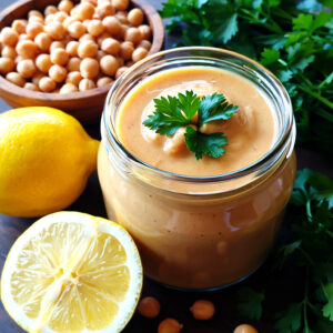 Creamy oil-free tahini-free hummus dressing in a jar with lemon and chickpeas.