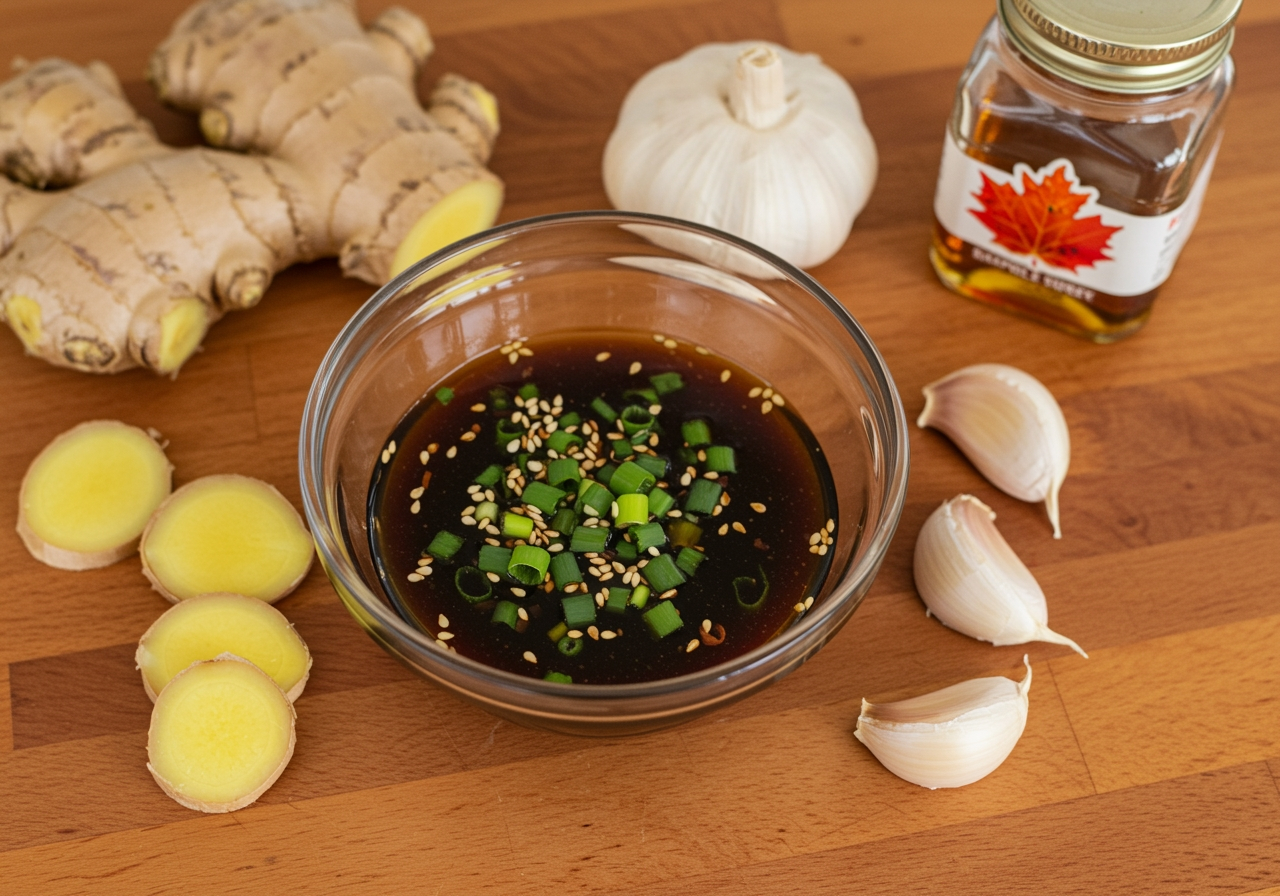 Oil-Free Teriyaki Sauce in a glass bowl with green onions and sesame seeds, healthy vegan sauce