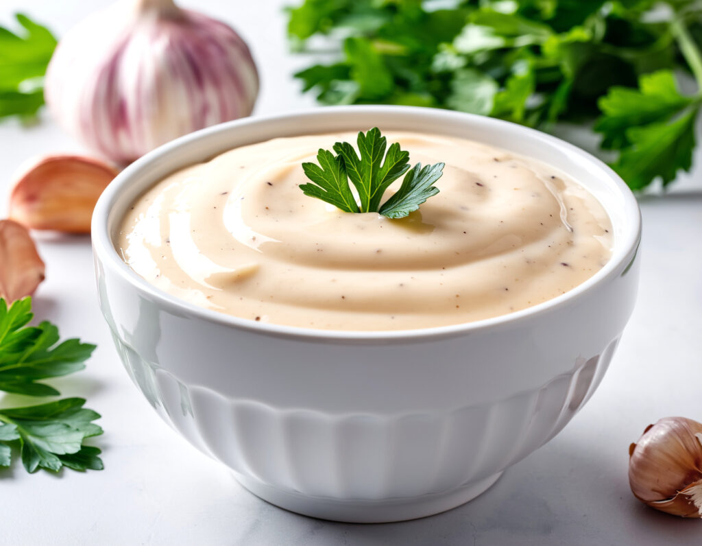Oil-Free Creamy Garlic Sauce in a white bowl