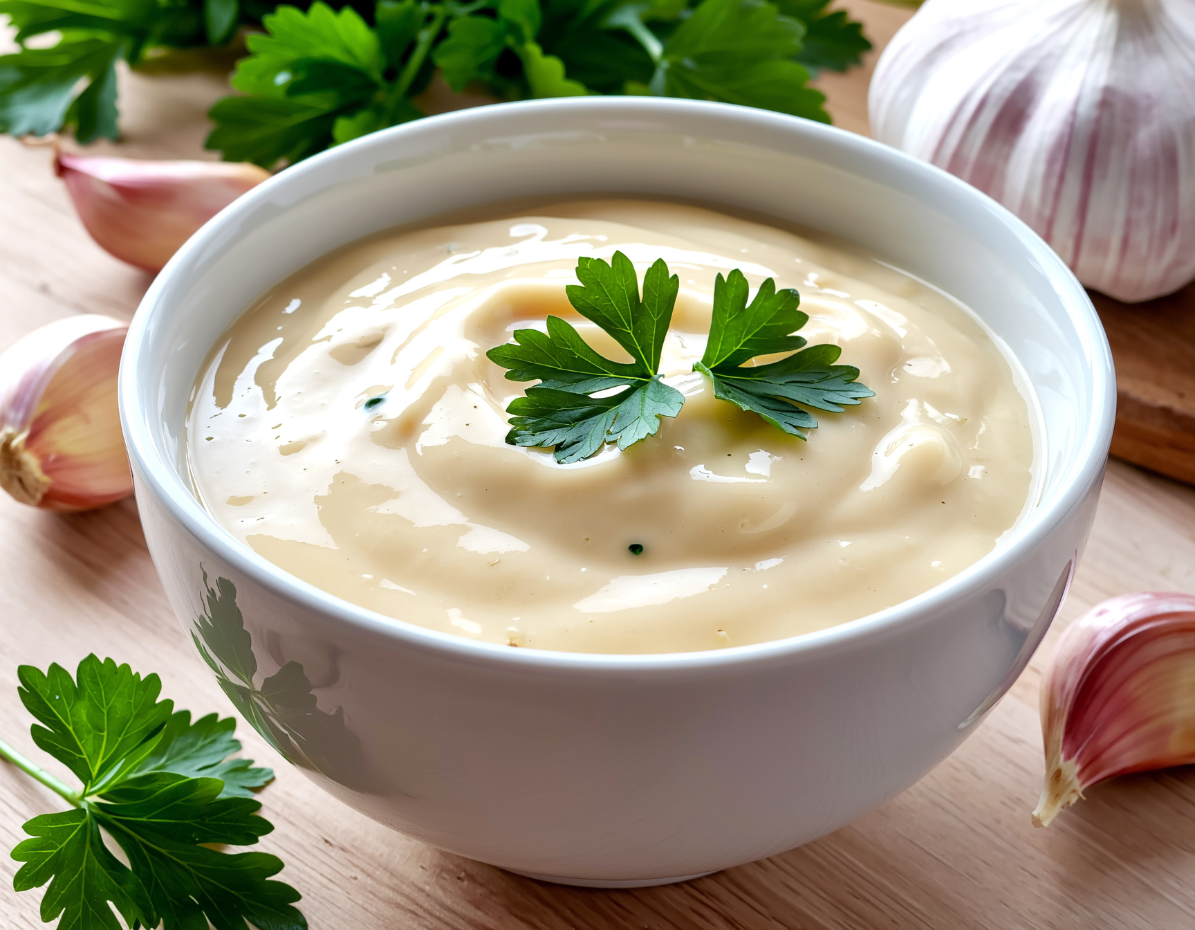 Oil-Free Creamy Garlic Sauce in a white bowl