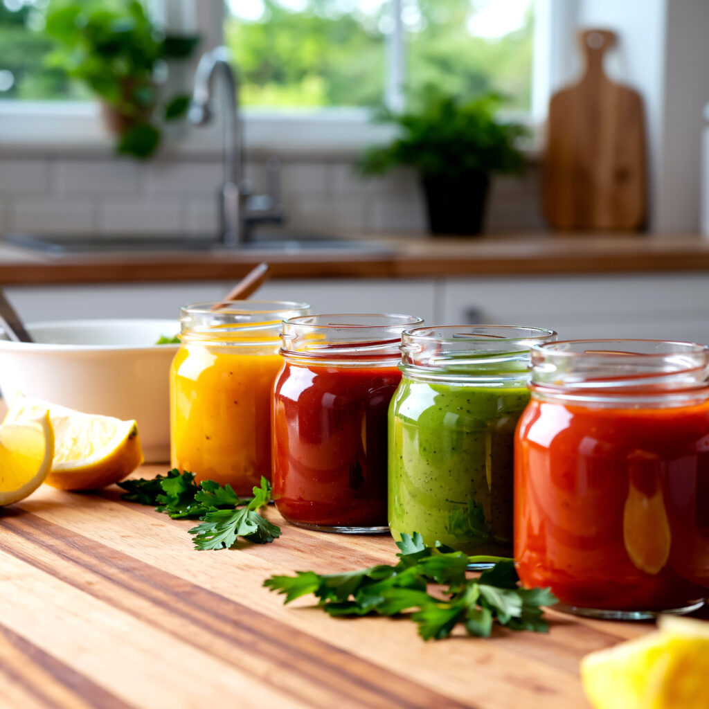 Top 10 oil-free vegan sauces in glass jars on a wooden countertop