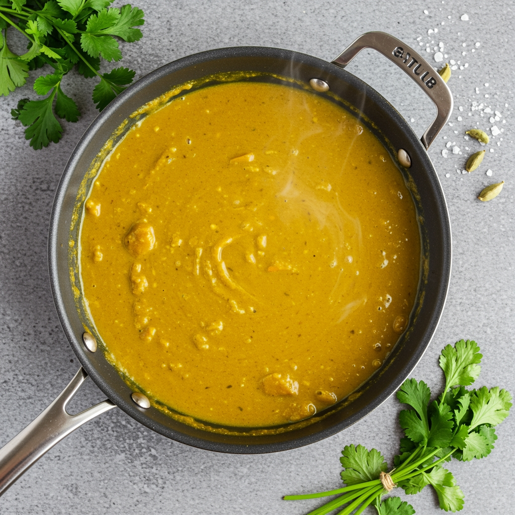 Creamy vegan curry sauce simmering with coconut milk and turmeric