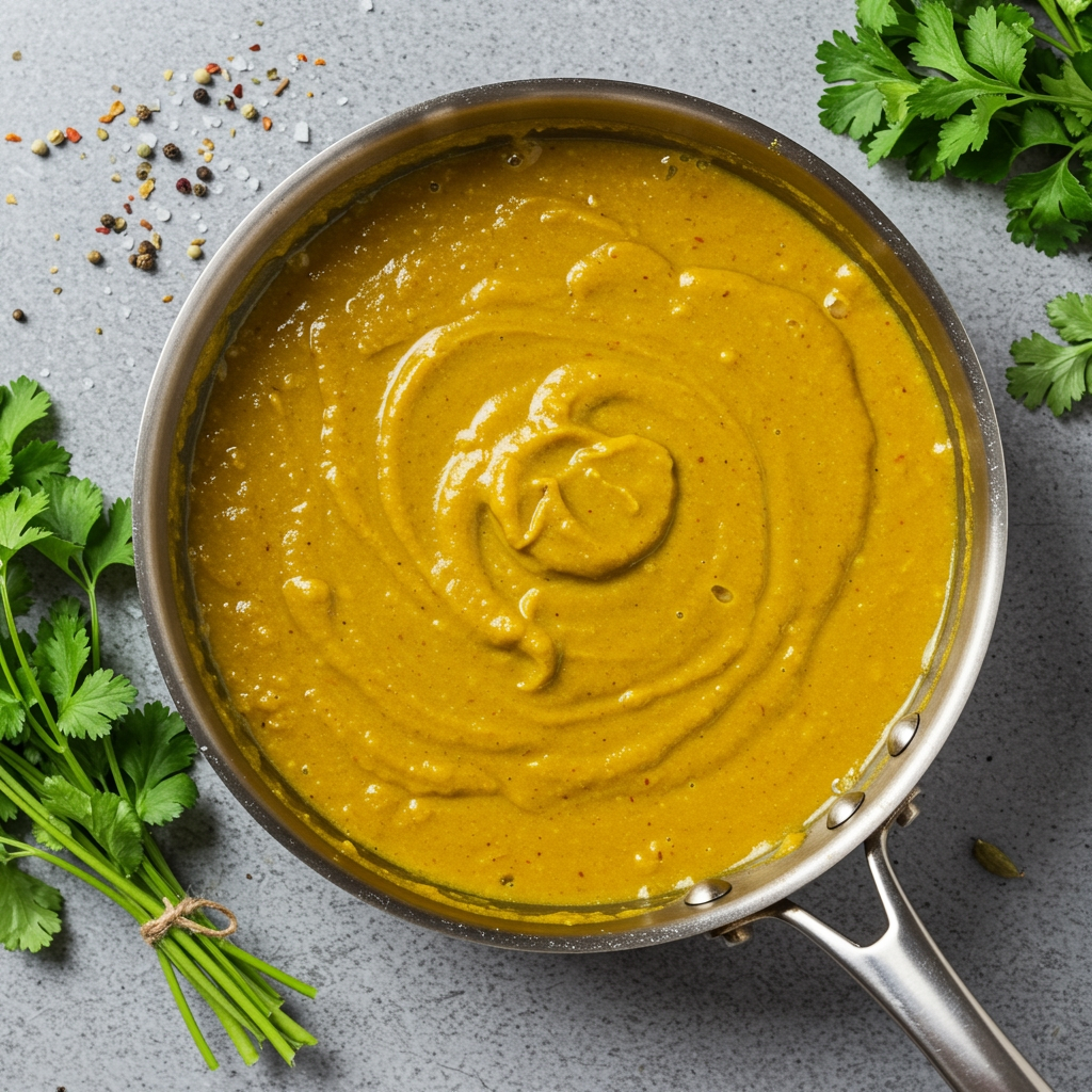 Creamy vegan curry sauce simmering with coconut milk and turmeric
