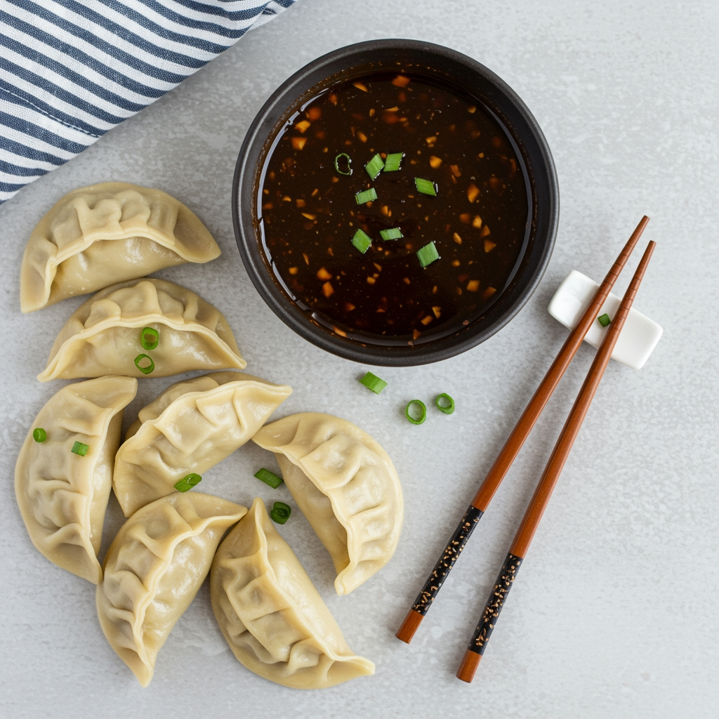 Vegan dumpling sauce in bowl with sesame and chili