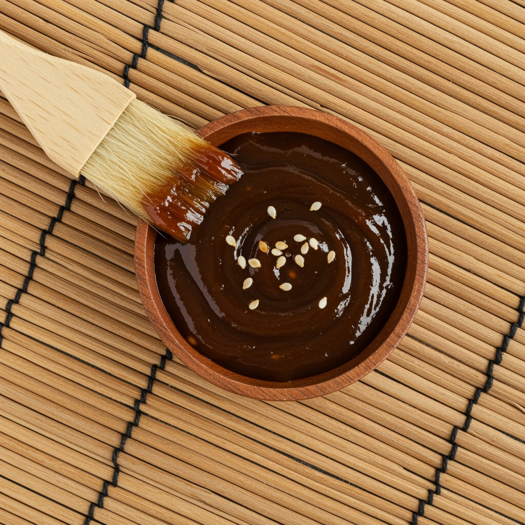 Glossy vegan hoisin sauce in small bowl with sesame garnish