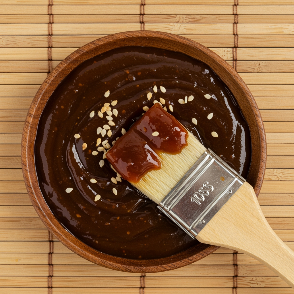Vegan hoisin sauce in a bowl with sesame seeds and brush