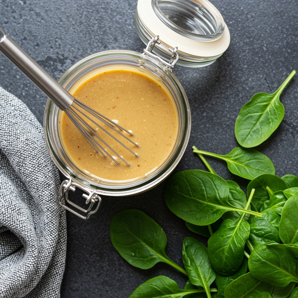Creamy vegan miso dressing in glass jar with salad