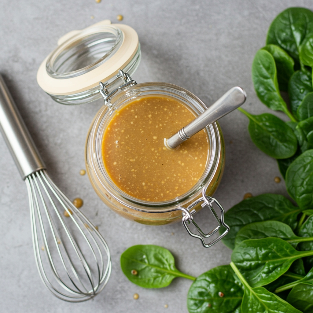Creamy vegan miso dressing in glass jar with salad