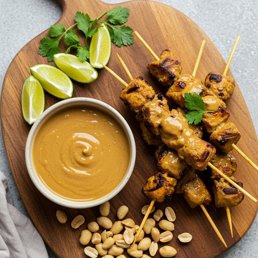 Spicy vegan satay sauce in a bowl with skewers and lime