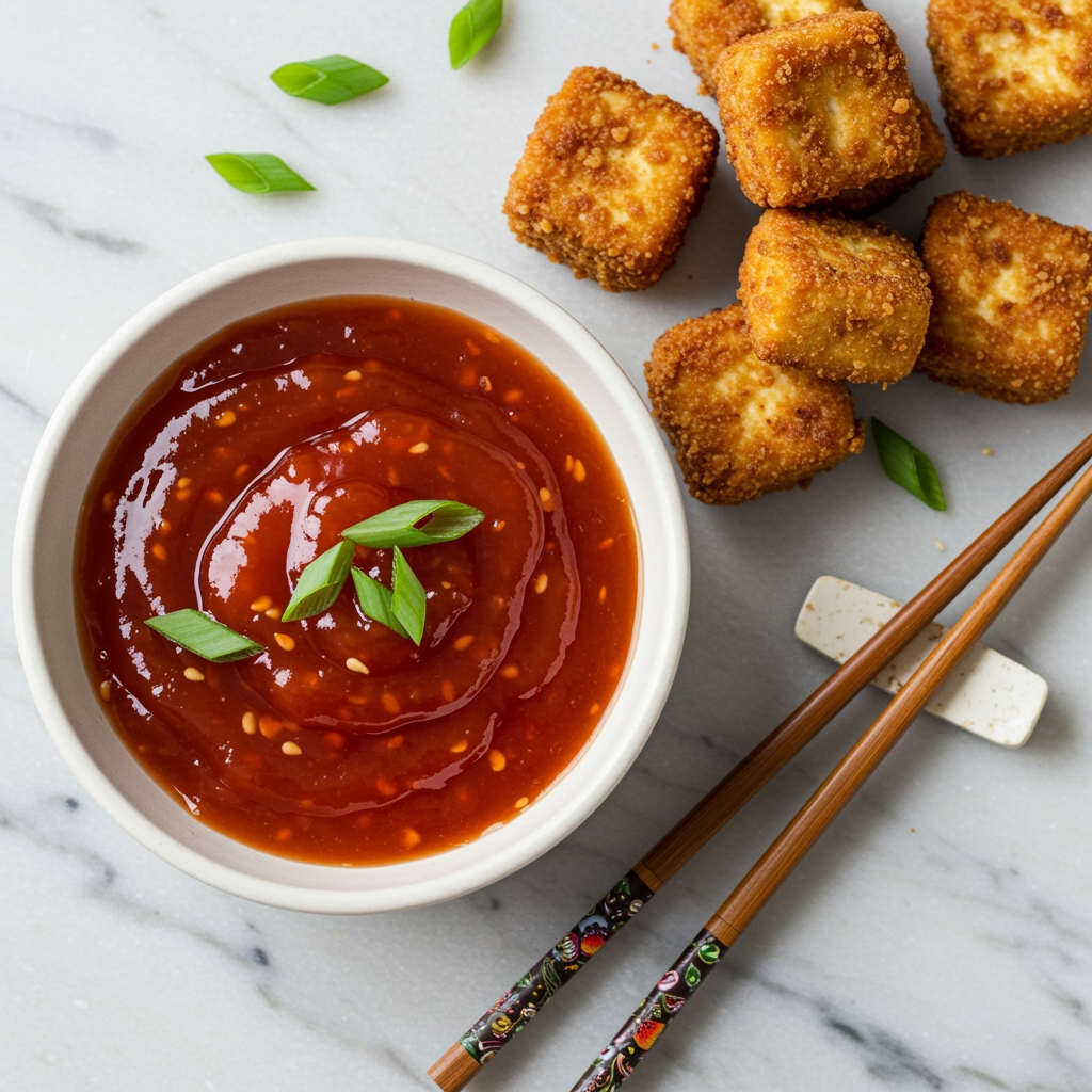 Vegan sweet and sour sauce in bowl with tofu