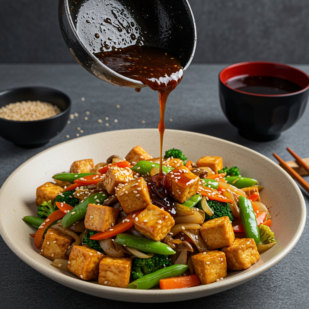 Glossy vegan teriyaki sauce over tofu and broccoli – Yumgan
