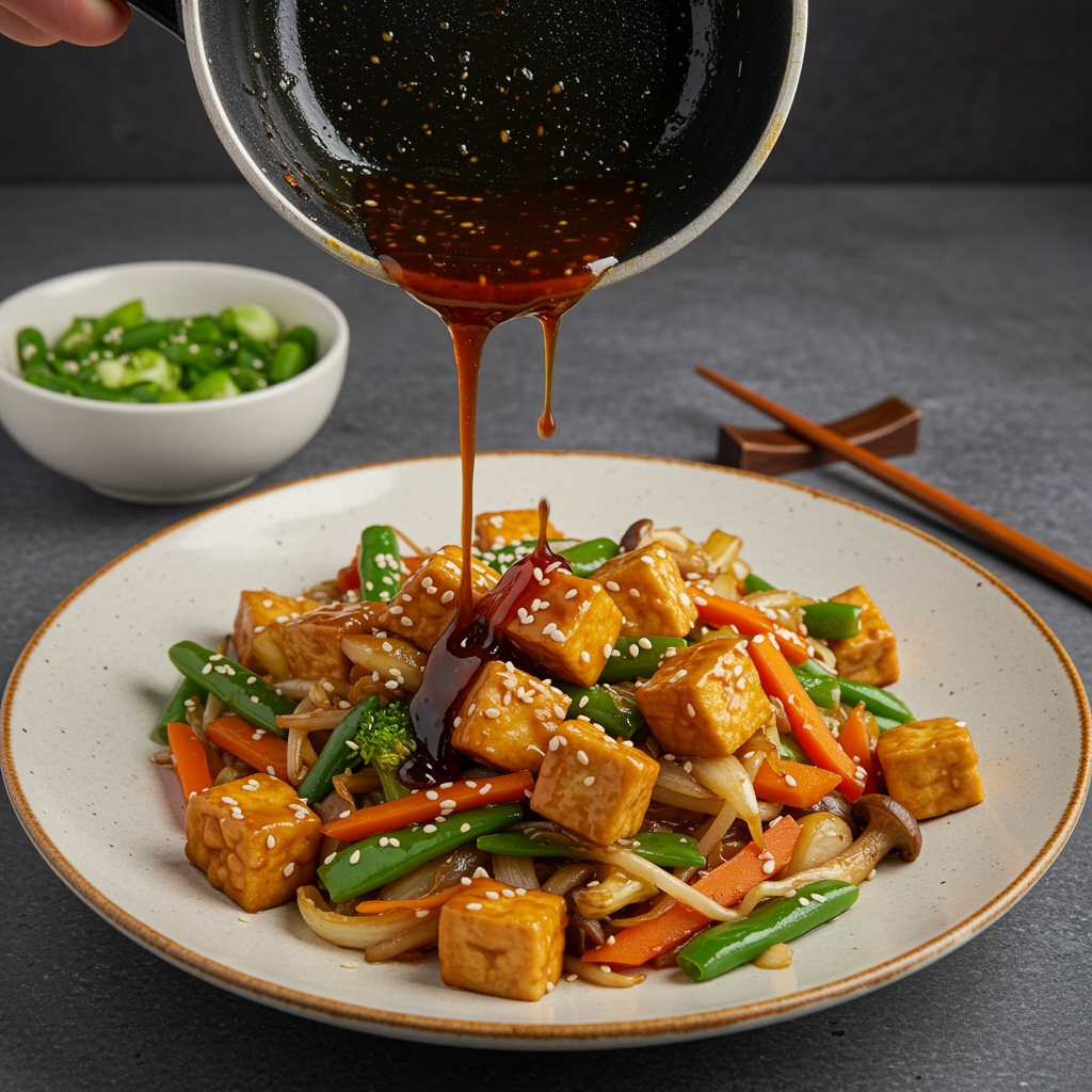 Glossy vegan teriyaki sauce poured over tofu and vegetables