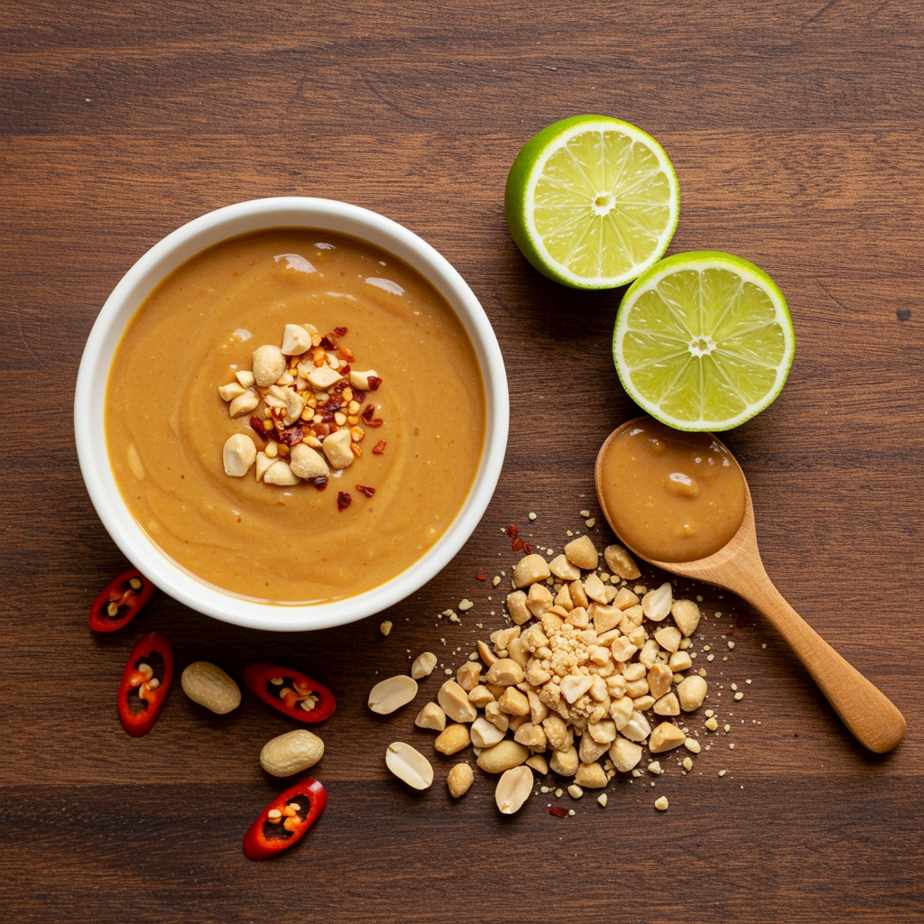 Creamy vegan Thai peanut sauce in bowl with lime & chili – Yumgan