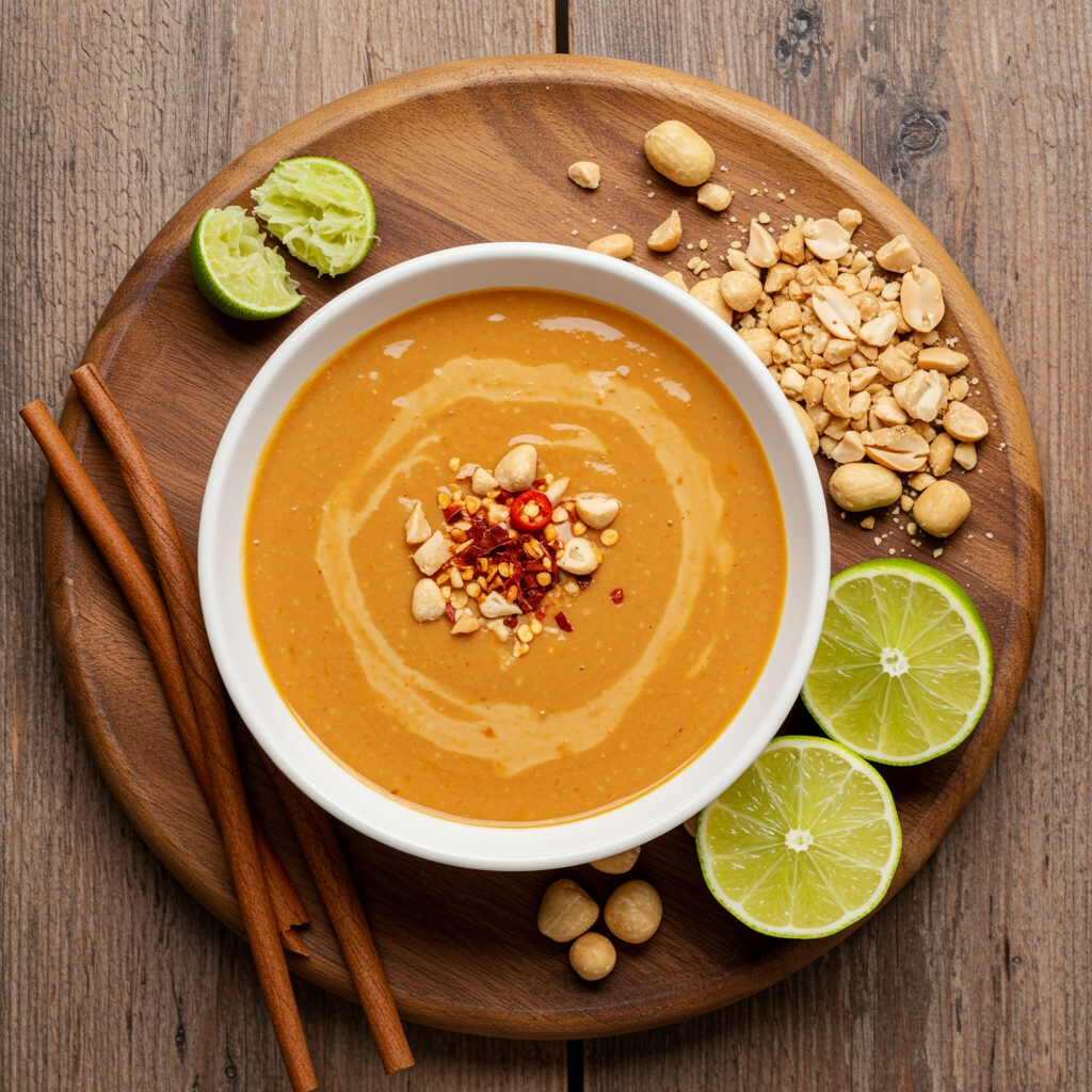 Creamy vegan Thai peanut sauce in bowl with lime & chili – Yumgan
