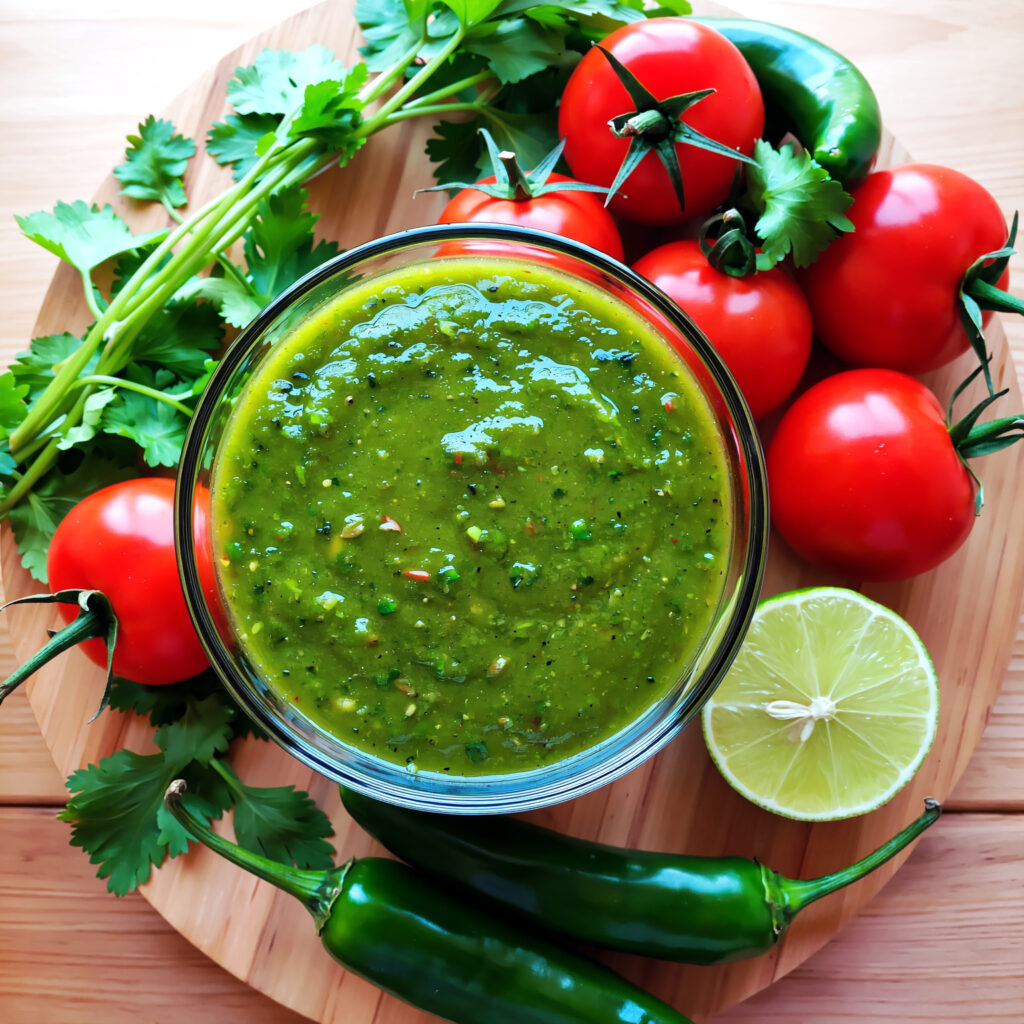 Fresh low-calorie salsa verde made with tomatillos, cilantro, jalapeño, and lime