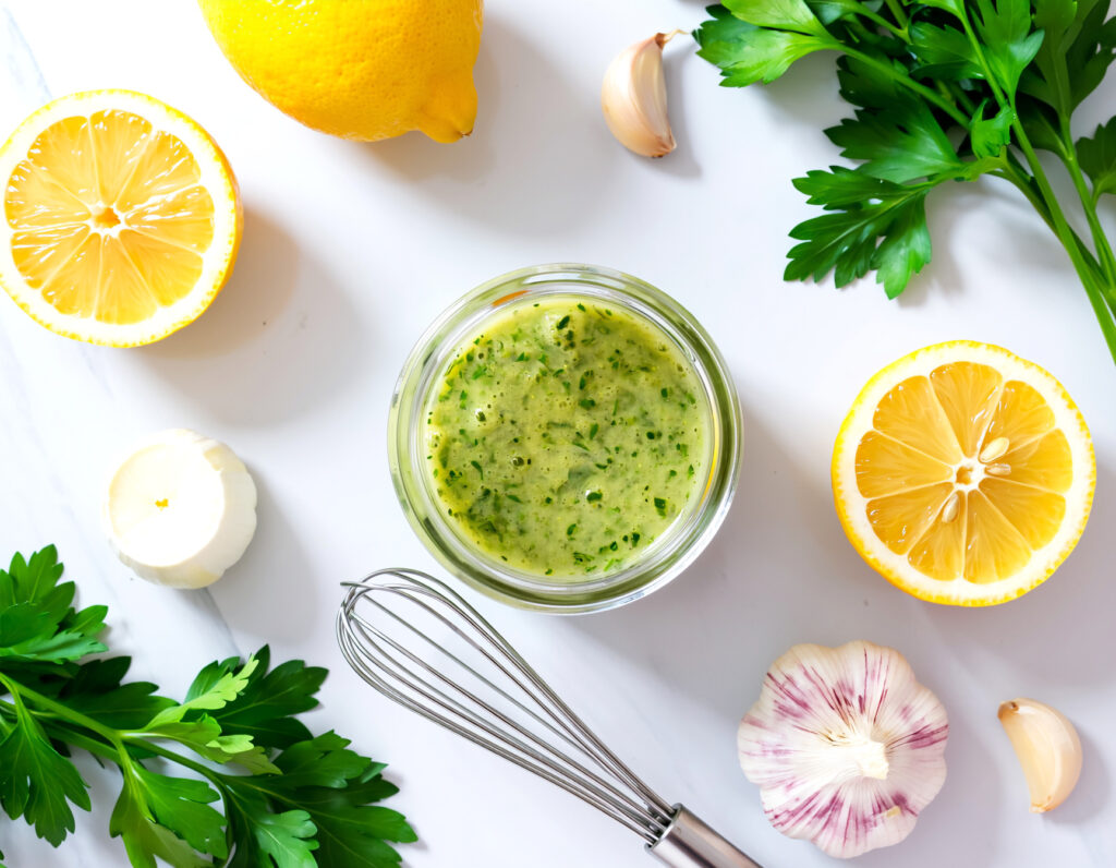 Homemade oil-free lemon herb dressing in a glass jar with fresh herbs and lemon