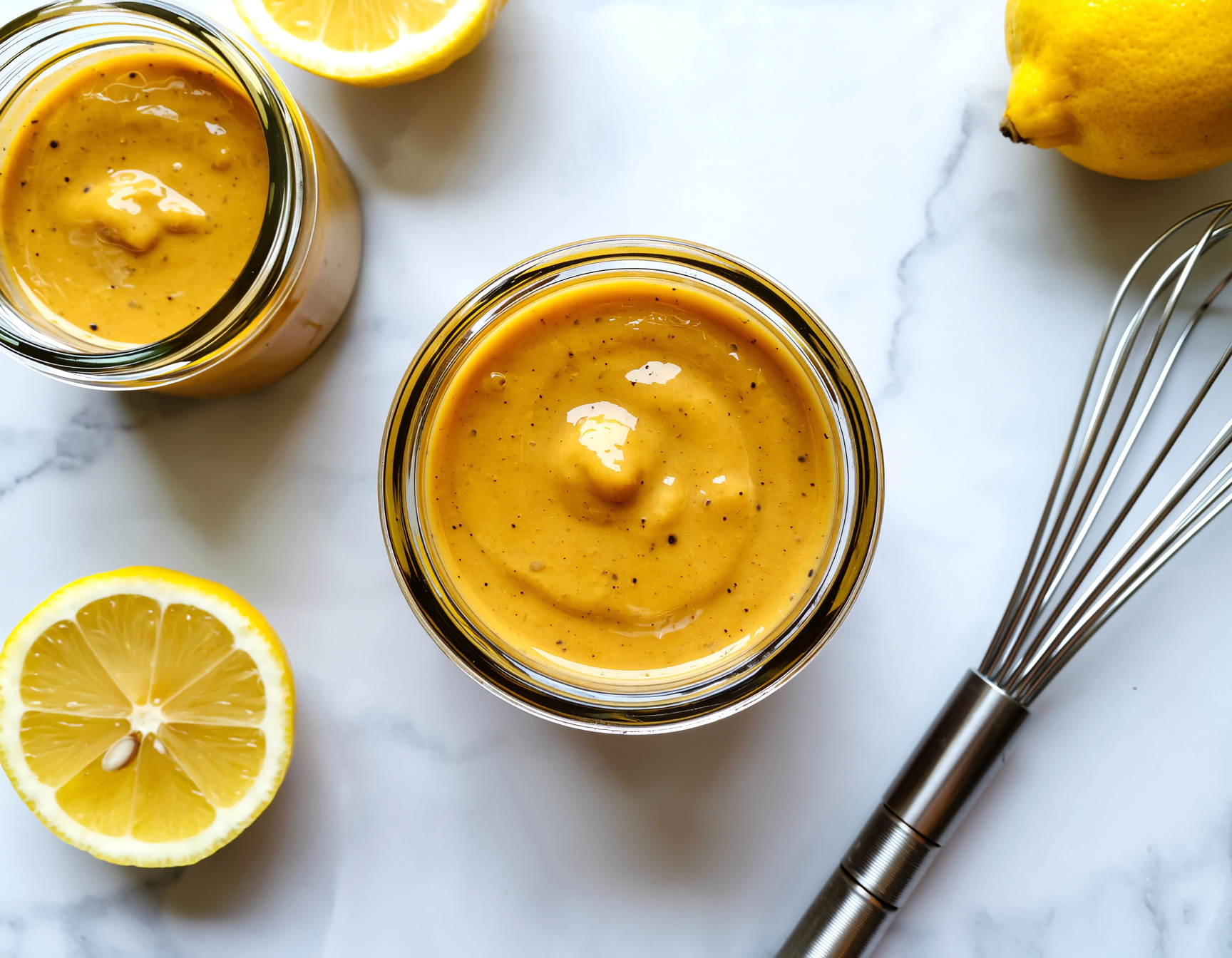 Oil-free maple mustard dressing in a jar with lemons and mustard